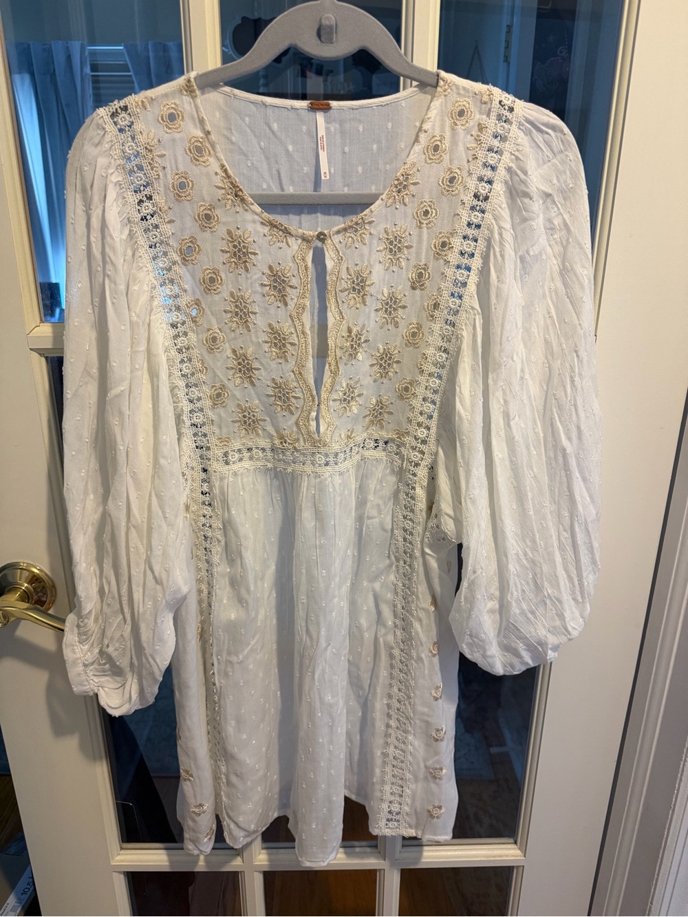 Free People White Boho Embroidered Tunic with Gold Accents